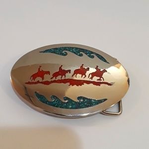 c RED BLUE HANDMADE TURQUOISE INLAY COWBOY HORSE RIDERS CHROME WESTERN B…